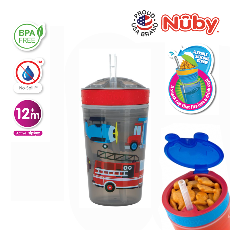 NB10436 Snack N Sip 1pk 270ml Printed Cup with Thin Straw and Snack Cup Vehicles with snacks