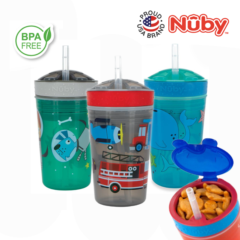 NB10436 Snack N Sip 1pk 270ml Printed Cup with Thin Straw and Snack Cup new designs