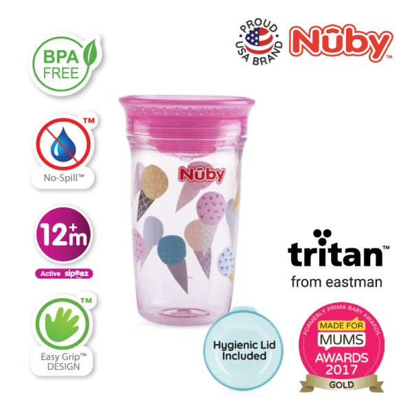 Nuby Printed Tritan 360 Wonder Cup With PP Cover 10oz,training cup,break resistant dinnerware,break resistant kids cup,non spills cup,non spill sippy cup,bpa free toddler cups,bpa free sippy bottle,bpa free,made in usa,360 degree drinking edge,cup with lid,anti odour cup