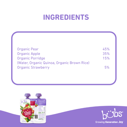 Bubs Organic Strawberry Pear Quinoa 120gm ingredient